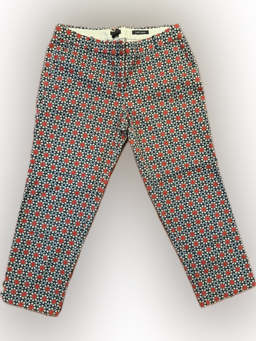 J Crew Straight Geometric Floral Red Blue Cafe Capri Pants Womens Size 8